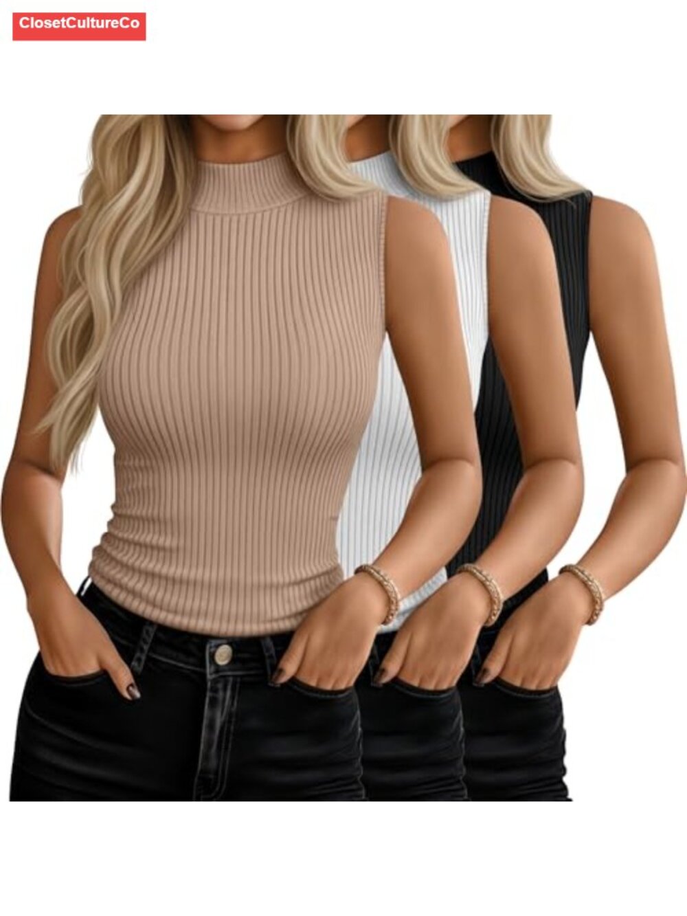 Women's Sleeveless Mock Turtleneck Tops Fitted Stretch Tank Top 3 Pack